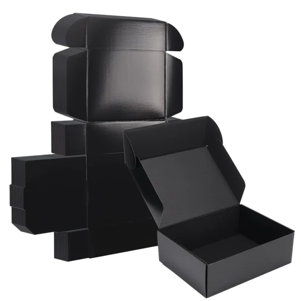 black cardboard boxes with lids