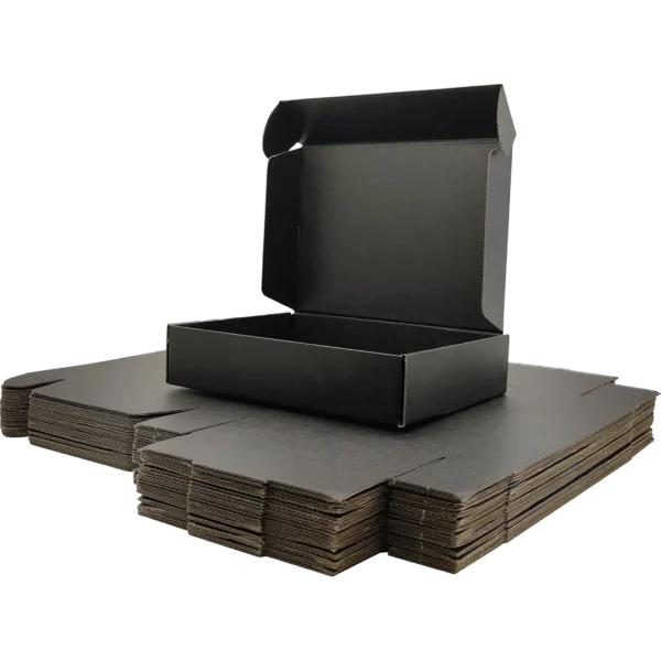 black corrugated shipping boxes