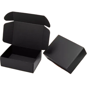 black cardboard boxes