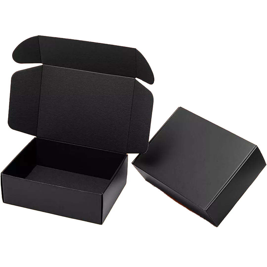 black cardboard boxes