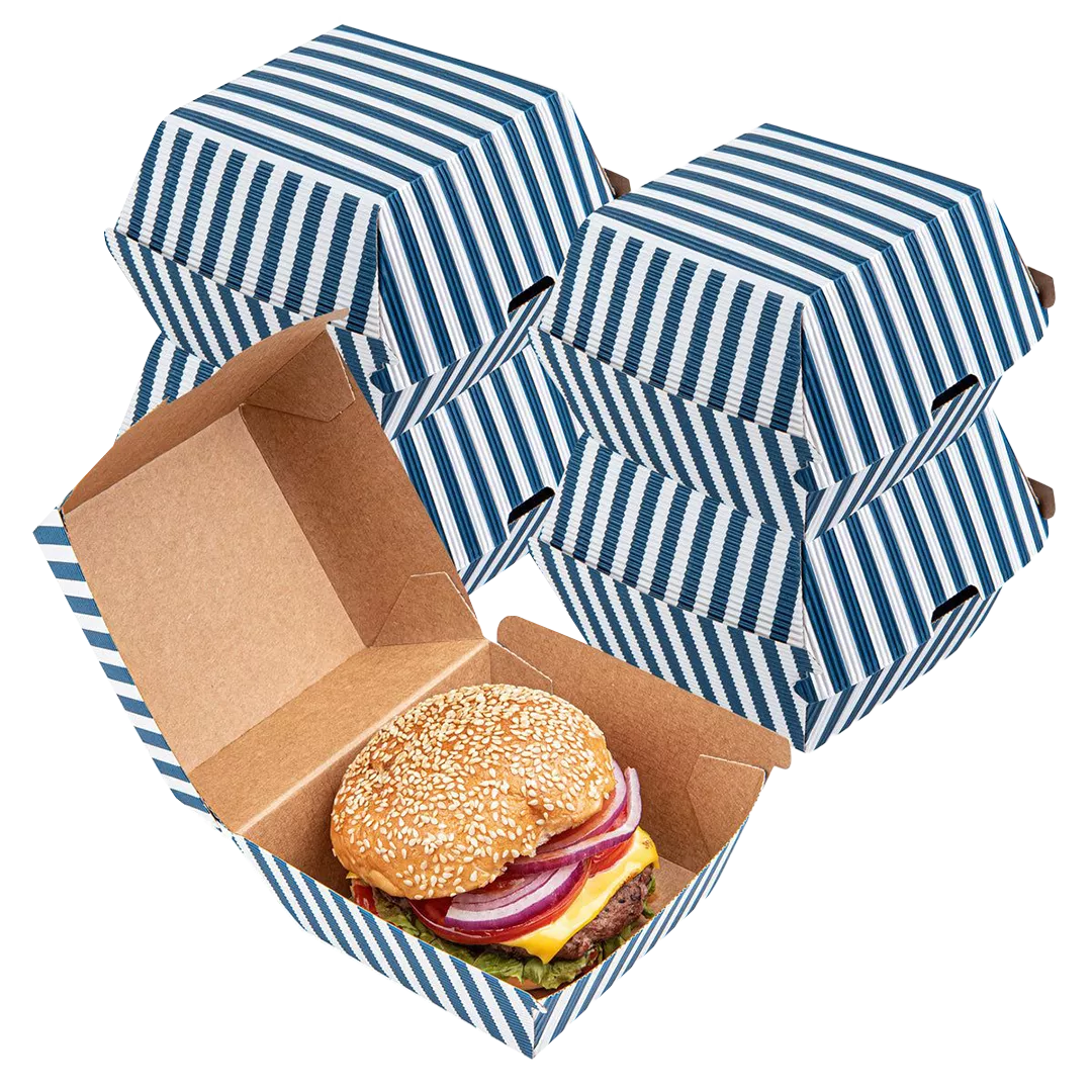 blue and white striped burger boxes